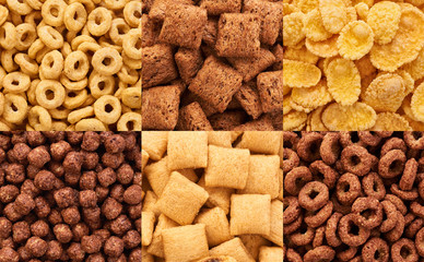 Corn pads, rings, balls and cornflakes. Cereals breakfast collec