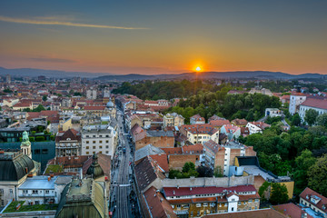 Aerial cityscape Zagreb town. / Aerial view at Zagreb downtown, sunset time, Croatia capital city. 