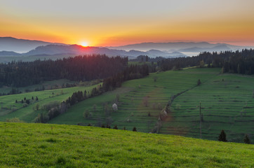 Fototapeta premium Moments after sunrise in misty Carpathian mountains, spring, Poland