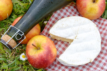 apples with cider and camembert in the grass