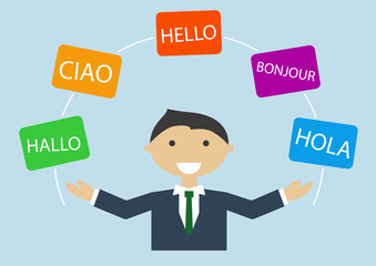 Concept of multi-lingual business man speaking many different languages
