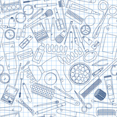 Seamless pattern with tools for makeup on notebook.