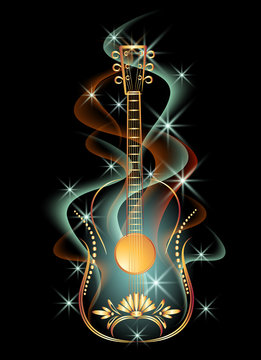 Golden guitar in smoke and stars