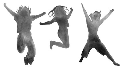 Set of children silhouettes monochrome. isolated. watercolor
