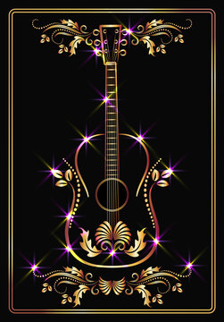 Golden guitar and ornament with  stars