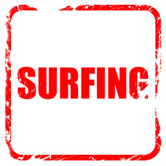 surfing, red rubber stamp with grunge edges