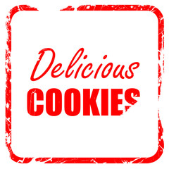 Delicious cookies sign, red rubber stamp with grunge edges