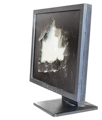 side view of broken monitor with damaged screen