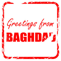 Greetings from baghdad, red rubber stamp with grunge edges