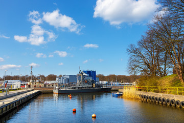 Fototapeta premium View on harbor in Kolobrzeg with moored boats and ships