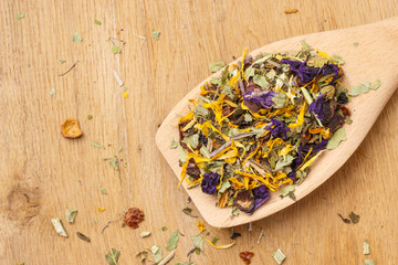 Pile of dry herb leaves and flower petals