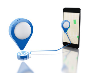 3d Smartphone with a map, blue pointer and planned route on scre