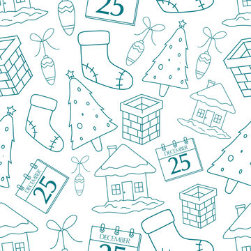 Seamless Pattern Of Cute Christmas Icons With Outline On White Background