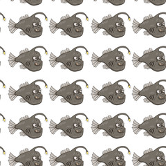 Seamless Pattern Of Funny Angler Fish Or Monkfish On White Background