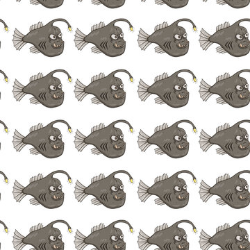 Seamless Pattern Of Funny Angler Fish Or Monkfish On White Background