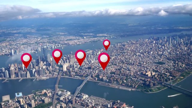 Simulated GPS waypoints appear over an aerial view of Manhattan.	