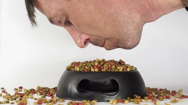 Close up shot of a hungry man eating a snack of dry pet kibble from an overfilled bowl of pet food.