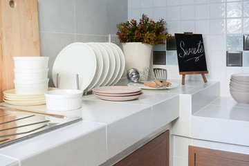 white clean counter in kitchen with utensil at home