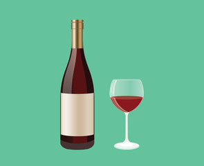 wine bottle and glass flat vector graphic illustration
