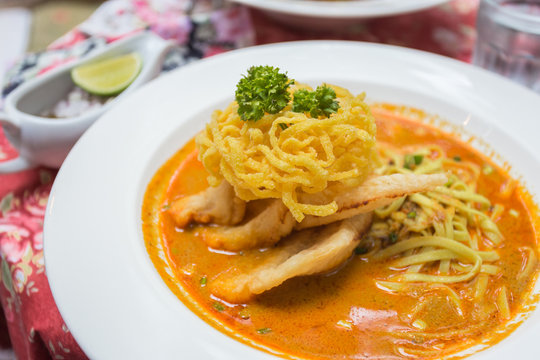 Curried Noodle Soup (Khao soi) with coconut milk