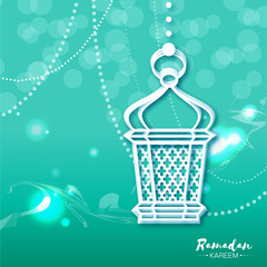 Blue Ramadan Kareem celebration greeting card with origami hanging arabic lamp. Paper Lantern. Holy month of muslim. Applique vector illustration.