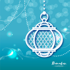 Blue White Ramadan Kareem celebration greeting card with origami hanging arabic lamp. Paper Lantern. Holy month of muslim. Applique vector illustration.
