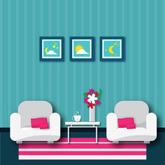 Living room Interior with armchair. Furniture set. Home design. Modern flat illustration for web site, print, poster, presentation, infographic.