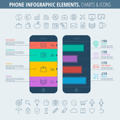 Infographic elements and business icons set. Flat line illustration of a smartphone with a chart on the phone screen. Infographic vector flat design template, infographic icons, diagram vector chart