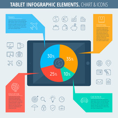 Infographic elements and business icons set. Flat line illustration of tablet computer with a pie chart on the screen. Infographic vector flat design template, infographic icons, diagram vector chart
