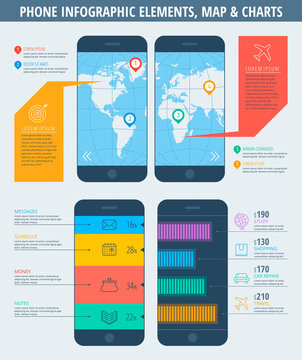 Infographic elements. Flat line illustration of a smartphone with a map of the world and charts on the phone screen. Infographic vector flat design template. Business concept diagram set