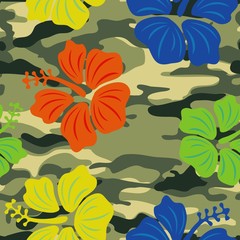 Hibiscus on the military background. Seamless pattern. Hawaiian vector design. © andrewmalyo