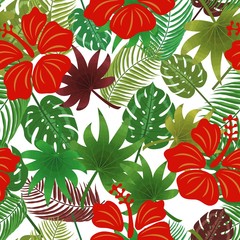 Hibiscus, tropical leaves. Seamless vector pattern. On a white background