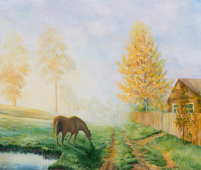 Rural landscape with a horse. Oil painting on canvas