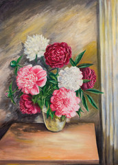 Oil painting on canvas.Bouquet of peonies in a vase
