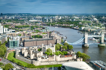 Birds eye view of the Tower of London and an aerial view of the Tower Bridge