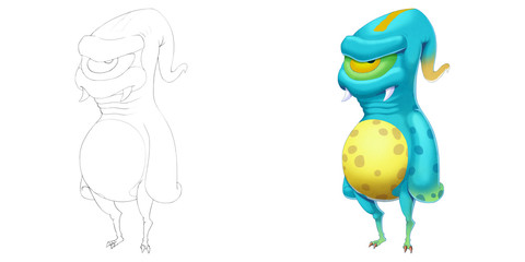 Coloring Book and Monster Creature Character Design Set 8: Alien Monster isolated on White Background. Realistic Fantastic Cartoon Style Character Design, Story, Card, Sticker Design
