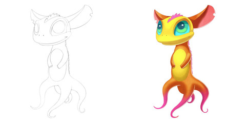 Coloring Book and Monster Creature Character Design Set 9: Smart Octopus Fox isolated on White Background. Realistic Fantastic Cartoon Style Character Design, Story, Card, Sticker Design