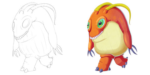 Naklejka premium Coloring Book and Monster Creature Character Design Set 11: Big Green Eye Teeth Monster isolated on White Background. Realistic Fantastic Cartoon Style Character Design, Story, Card, Sticker Design