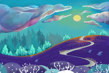 Watercolor Style Digital Artwork: The Cloud Climb up the Hill. Realistic Fantastic Cartoon Style Character, Background, Wallpaper, Story, Card Design