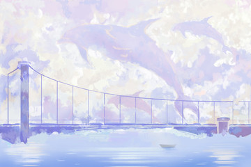 Watercolor Style Digital Artwork: Bridge. Realistic Fantastic Cartoon Style Character, Background, Wallpaper, Story, Card Design