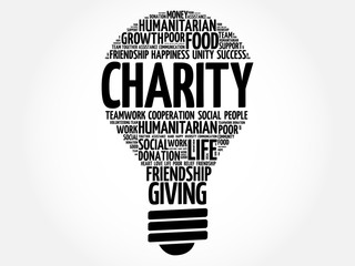 Charity bulb word cloud collage concept