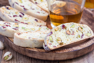 Cranberry and pistachio biscotti with vin santo wine
