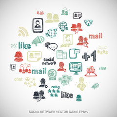 Multicolor doodles Hand Drawn Social Network Icons set on White. EPS10 vector illustration.