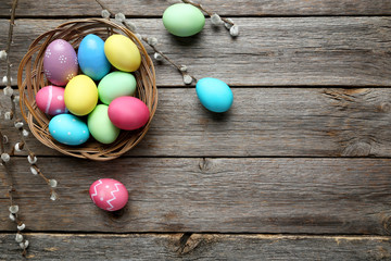 Fototapeta na wymiar Easter eggs on a grey wooden table