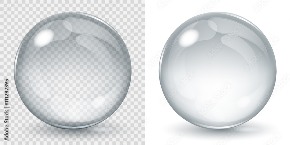 Wall mural big transparent glass sphere and opaque sphere with glares and shadow. transparency only in vector f