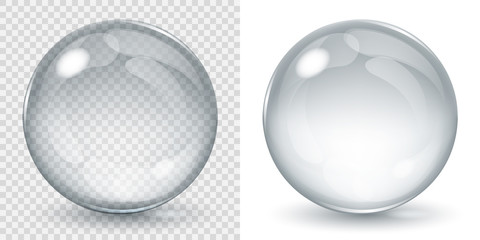 Big transparent glass sphere and opaque sphere with glares and shadow. Transparency only in vector file