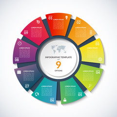 Vector circle template for infographics. Business concept with 9 options, steps, parts, segments