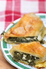 Macro selective focus spinach pie on the plate
