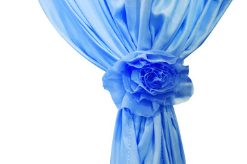 Blue silk curtains with bow isolated on white background