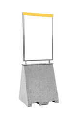 Metal frame blank advertising billboard stand with a concrete base. City space info stand isolated on a white background. Clipping paths included.